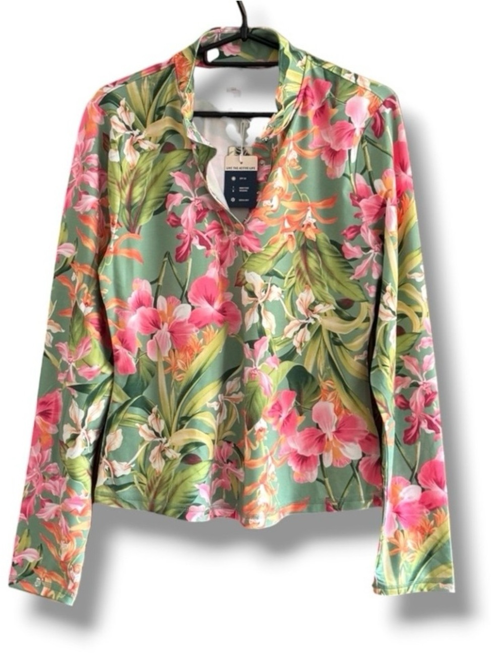 Tommy Bahama Green Floral Zip-Front Top with Pink Blooms Small UPF 50. NWT